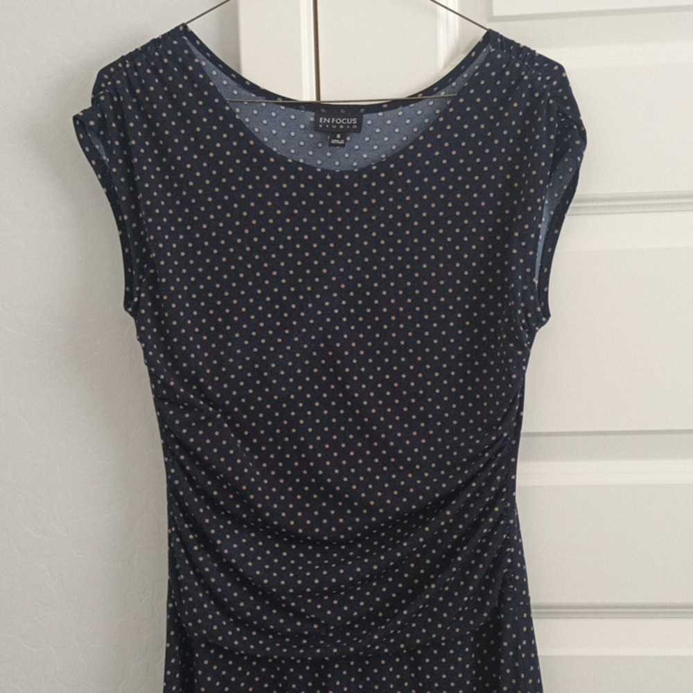EnFocus Polka Dot Navy Midi Dress Ruched Sides Size 8